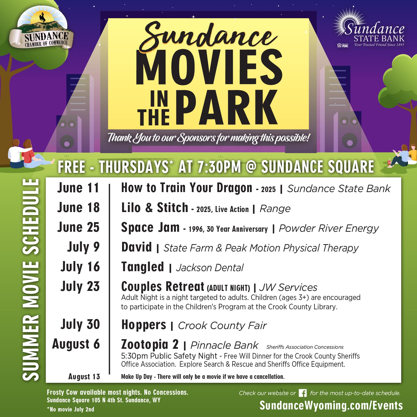 MOVIES IN THE PARK Schedule 2026 SQ
